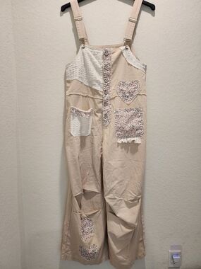 POL Beige Floral Patchwork Jumpsuit Overalls